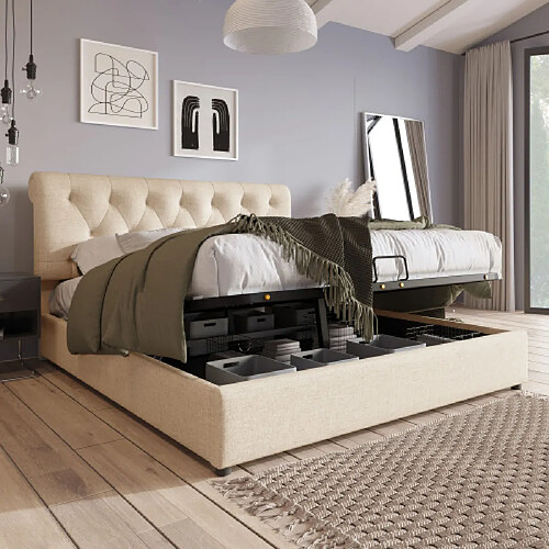 modf Lit coffre 160x200 cm, tête de lit réglable, lin, beige