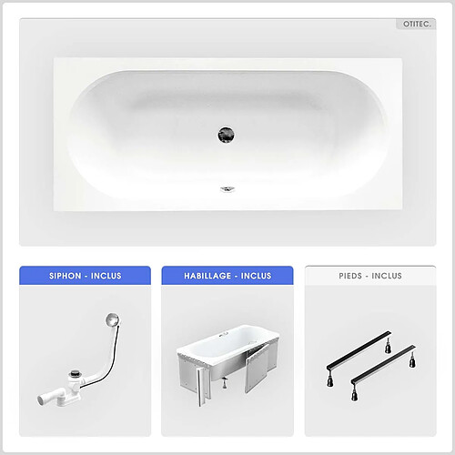 BESCO Baignoire rectangulaire - 150 x 75 cm - avec Habillage - Pieds - Vidage Chrome - VITAE