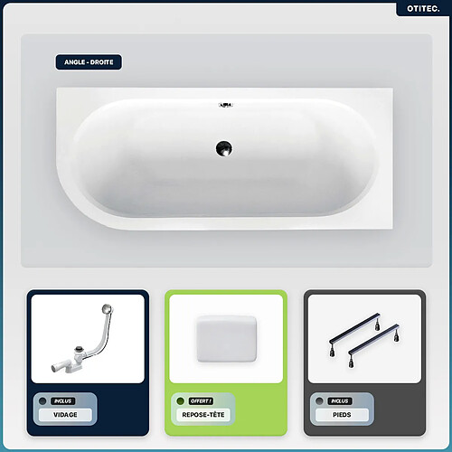 BESCO Baignoire asymétrique - 170 x 75 cm - Droite - sans Habillage - avec Pieds - Repose-tête - Vidage Chrome - AVITA