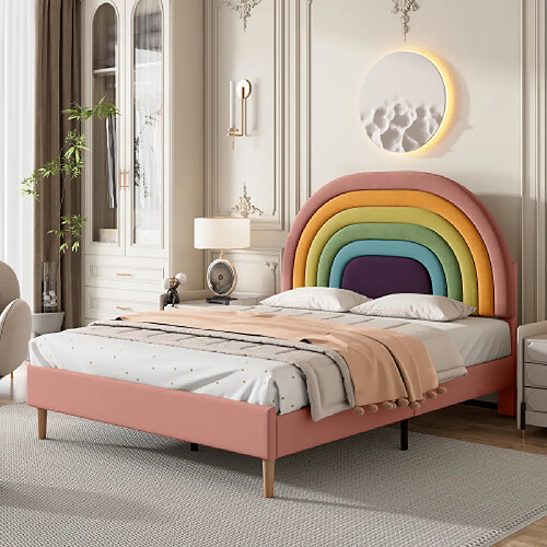 modfu Lit adulte 140x200 cm, tête de lit réglable en hauteur, velours, rose