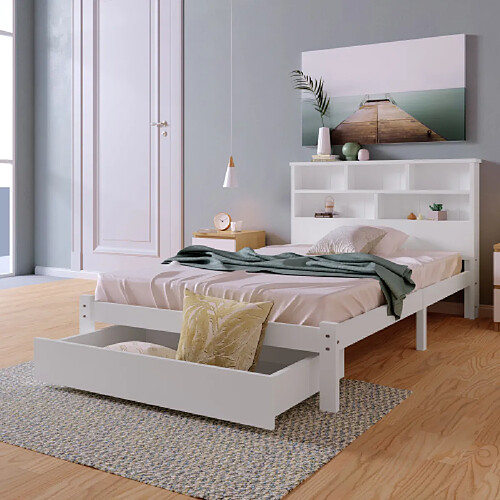 modfu Lit enfant 90x200 cm avec tiroir, tête de lit avec rangement, bois, blanc