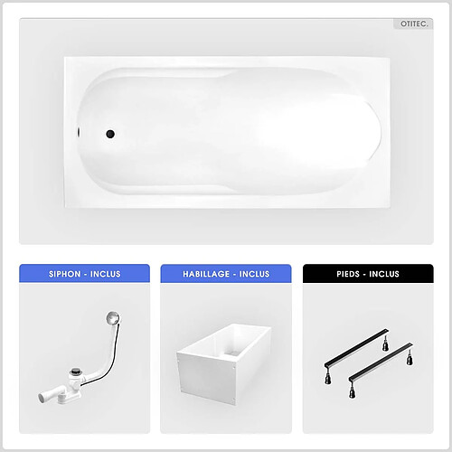 BESCO Baignoire rectangulaire - 150 x 70 cm - avec Habillage Polystyrène - Pieds - Vidage Chrome - BONA