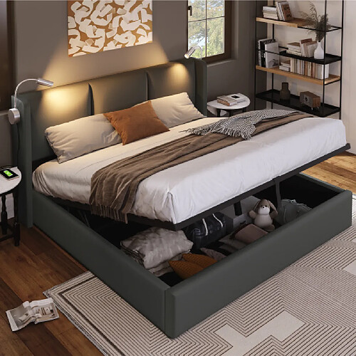 modfu Lit coffre 140x200 cm avec lampe, USB, PU, gris
