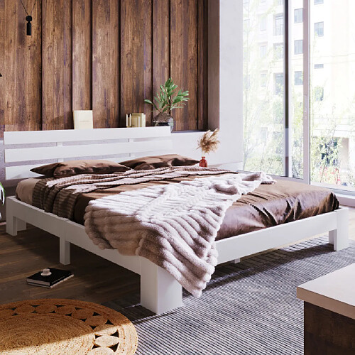 modfu Lit adulte 140x200 cm avec tête de lit, bois, blanc