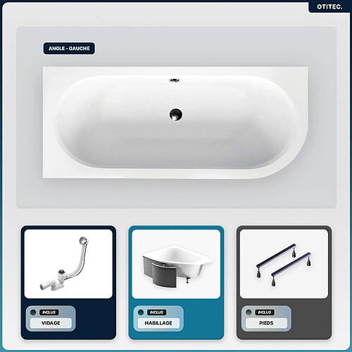 BESCO Baignoire asymétrique - 180 x 80 cm - Gauche - avec Habillage - Pieds - Vidage Chrome - AVITA SLIM