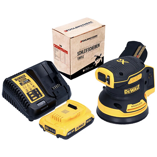 DeWalt DCW 210 D1 Ponceuse excentrique sans fil 18 V 125 mm brushless + 1x Batterie 2,0 Ah + Chargeur + 1x Jeu de disques abrasifs Toolbrothers TURTLE