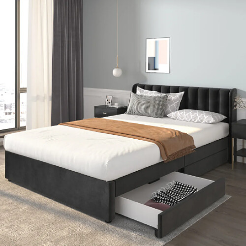modf Lit adulte 140x200 cm avec 2 tiroirs, velours, noir
