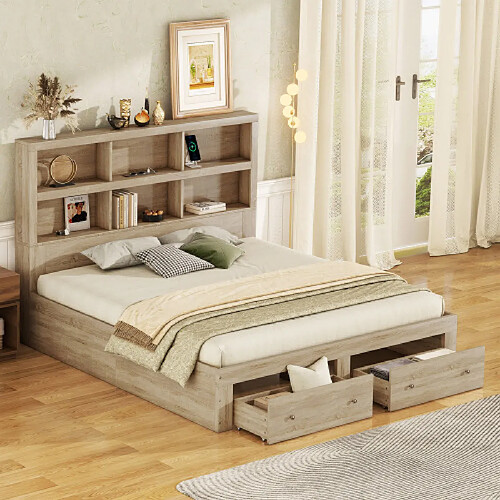 modfu Lit adulte 160x200 cm avec 2 tiroirs, tête de lit avec rangement, bois