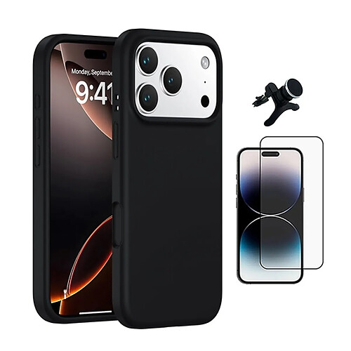 Kit De Film En Verre Trempé À Coque Complète 5D + Couvercle En Silicone Liquide + Support de voiture magnétique robuste PHONECARE Pour Apple iPhone 17 Pro - Noir