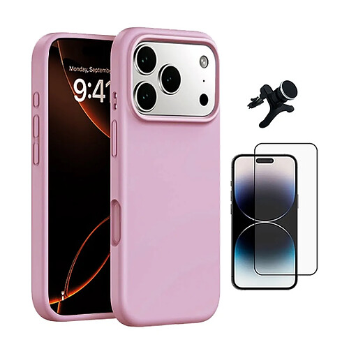 Kit De Film En Verre Trempé À Coque Complète 5D + Couvercle En Silicone Liquide + Support de voiture magnétique robuste PHONECARE Pour Apple iPhone 17 Pro - Rose