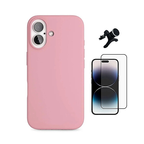 Kit De Film En Verre Trempé À Coque Complète 5D + Couvercle En Silicone Liquide + Support de voiture magnétique robuste PHONECARE Pour Apple iPhone 17 - Rose