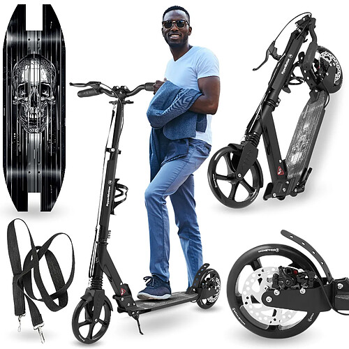 Mamabrum Trottinette Enfant Noire jusqu'à 100kg - 2 amortisseurs - Fleurs- Pliable - 2 Freins- Aluminium- ABEC-7