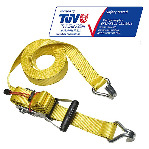 Master Lock 3059EURDAT Sangle d'Arrimage avec Crochets J et Cliquet, Jaune, 8,25m x 35mm Sangle