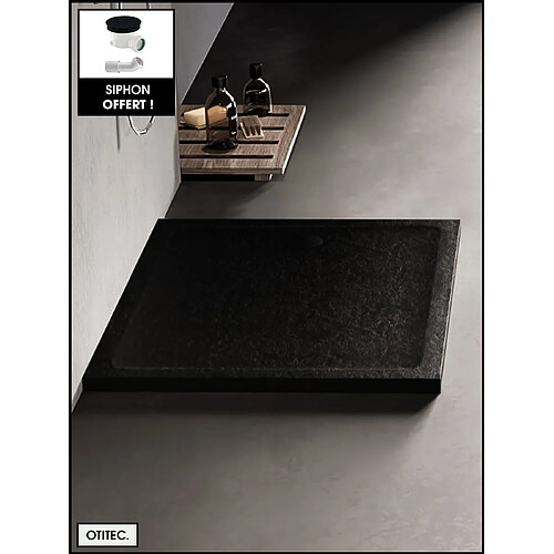 OTITEC Receveur de Douche Rectangle - 80 x 140 x 4,5 cm - Noir Effet Pierre - avec Siphon OFFERT - MOON STONE