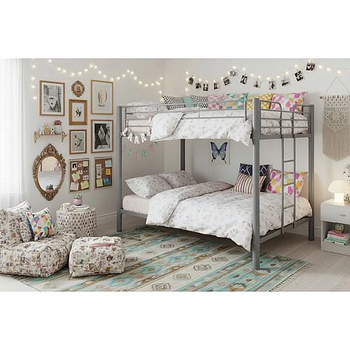 Homy France Lit superposé métal gris 4 places 140x190 cm + matelas et sommier inclus COLOSSE