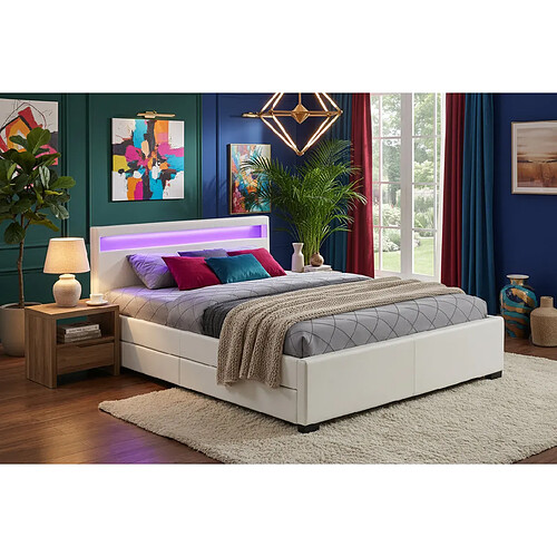 Homy France Lit adulte 2 places 140x190 cm blanc avec tiroirs LED sommier inclus