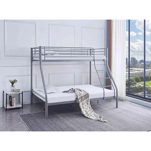 Homy France Pack: Lit superposé en métal COSTO sommier inclus + 2 Matelas 90/140x190 cm, 3 places Gris