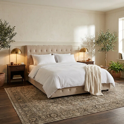 Homy France Lit coffre 2 places en velours beige 180x200cm CORSICA