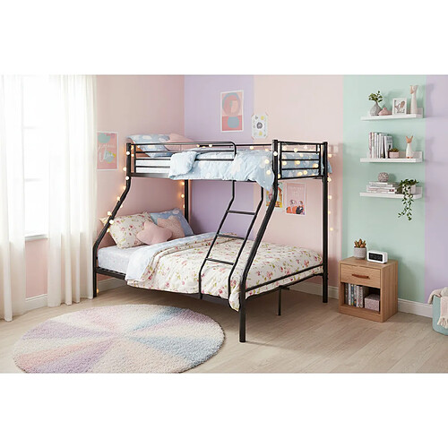 Homy France Pack: Lit superposé en métal sommier inclus + 2 Matelas 90/140x190 cm, 3 places Noir COSTO