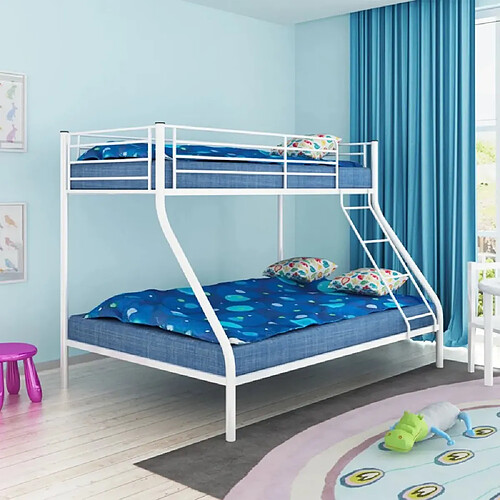 Homy France Lit superposé métal 3 places 90/140x190 cm Blanc + sommier et 2 matelas COSTO