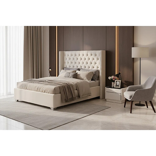 Homy France Lit double 180x200 cm velours nude tête capitonnée sommier inclus PRINCESSE