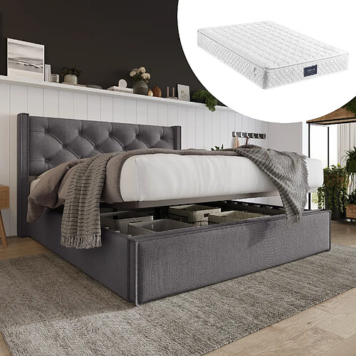 OKWISH Lit coffre 160 x 200 cm - Lit avec sommier à lattes - Gris
