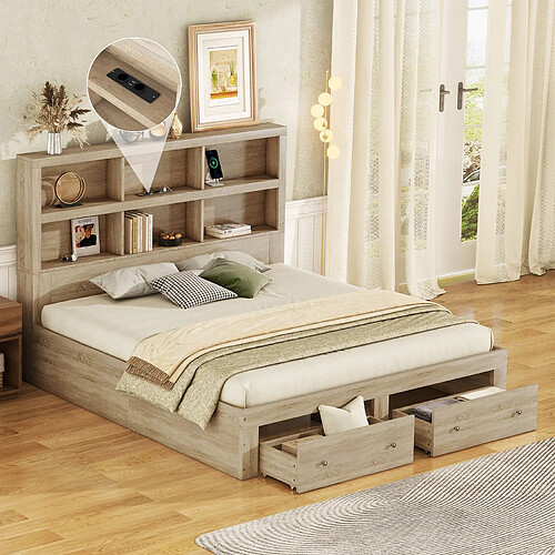 OKWISH Lit avec rangement 160x200 cm Lit avec tiroirs - Naturel