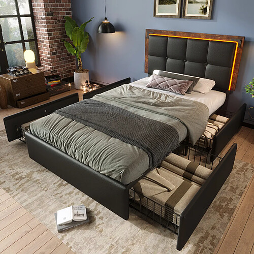 OKWISH Lit avec rangement 90x200 cm - Lit simple réglable - Noir
