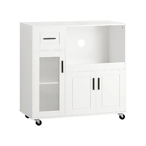 SoBuy FSB78-W Meuble Micro-Ondes Buffet Commode sur roulettes Armoire de Cuisine Multi-Rangement avec 3 Portes, 1 Tiroir, 1 Compartiment
