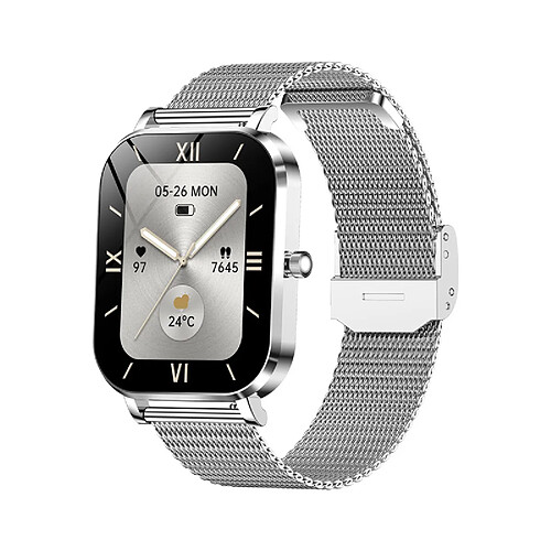 Montre Intelligente Femme M90 - Appels Bluetooth, Écran Plein, Mesure Fréquence Cardiaque, Surveillance Sommeil, Étanche Bracelet en acier argenté