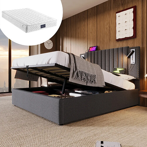 OKWISH Lit coffre 160x200 cm Matelas inclus - Lit capitonné lampe - Gris