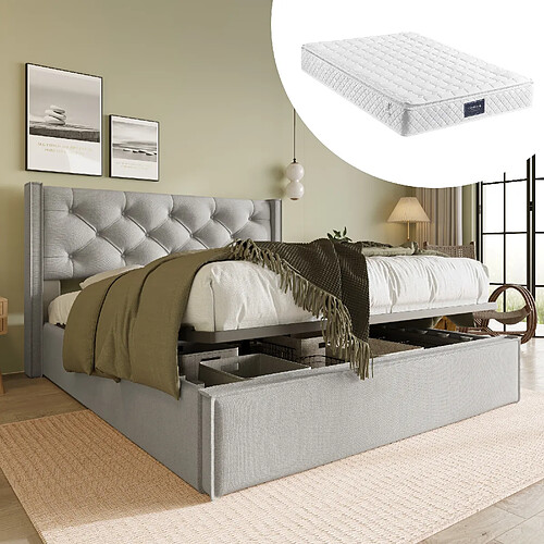 OKWISH Lit coffre 160 x 200 cm - Lit avec coffre de rangement - Gris clair