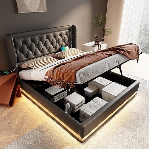 OKWISH Lit coffre 140x200 cm PU Lit capitonné - Noir
