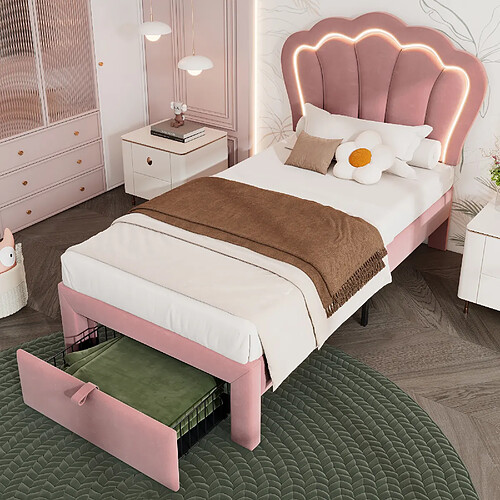 OKWISH Lit enfant/ado capitonné simple 90x190 cm, tiroirs, LED APP-Control, sommier lattes, tête réglable, velours rose, sans matelas