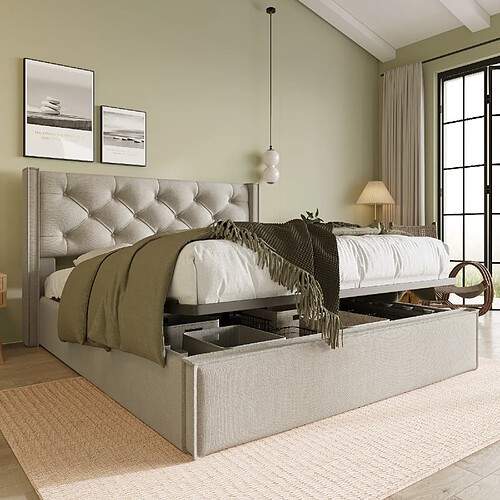 OKWISH Lit coffre 160 x 200 cm - Lit adulte avec sommier - Gris clair