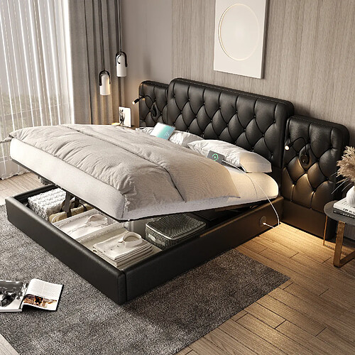 OKWISH Lit coffre adulte capitonné 160x200 cm, tête longue, USB, lampe lecture, similicuir noir, sans matelas