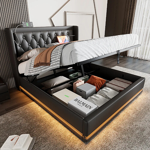 OKWISH Lit coffre 160x200 cm PU Lit capitonné - Noir