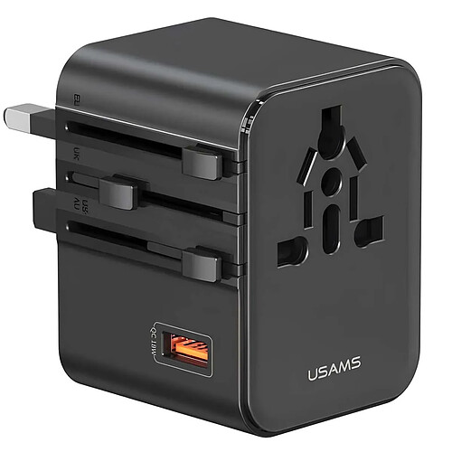 Usams Chargeur Secteur 2 USB-A / USB-C 25W Compatible AU / UK / US / EU / CHINE Noir