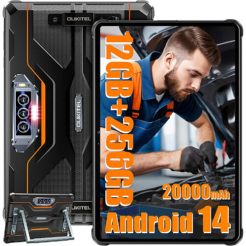 OUKITEL RT8 Android 14 Tablette Incassable 20000mAh 12Go+256Go/1To 11" FHD+ 48MP+32MP Dual SIM 4G, IP68/IP69K/OTG/NFC - Orange