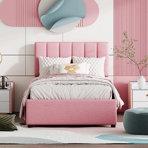 OKWISH Lit coffre 90x200 cm - Tissu lin doux - Rose