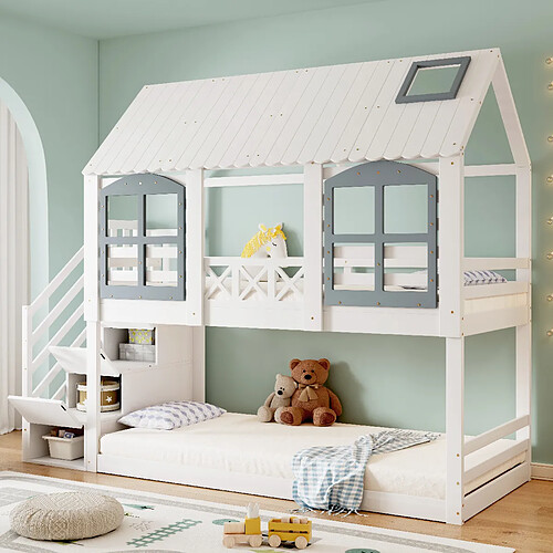 OKWISH Lit superposé 90x200 cm Lit avec rangement - Blanc+Gris