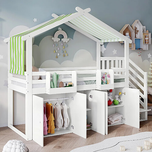 OKWISH Lit mezzanine 90x200 cm - Lit combiné - Blanc+Vert