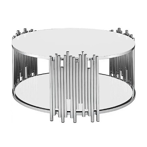 Homy France Table Basse ronde STICK Chrome et plateau en verre BLANC D90 H45 cm