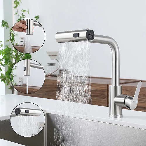 Robinet de cuisine extractible NETTLIFE - Mitigeur d'évier 360° avec douchette en acier inoxydable, 2 modes de pulvérisation