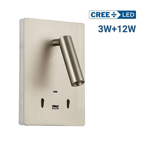 Applique Murale LED SLANGE 2 Avec Bras Orientable - 3W + 6W, Ports USB/USB-C - Blanc Chaud 3000K - Étagère Intégrée - 9