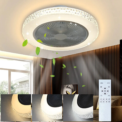 NETTLIFE Ventilateur de plafond avec éclairage LED et télécommande - Silencieux, 48.5CM, gradable, fonction timer, design cristal pour salon/chambre