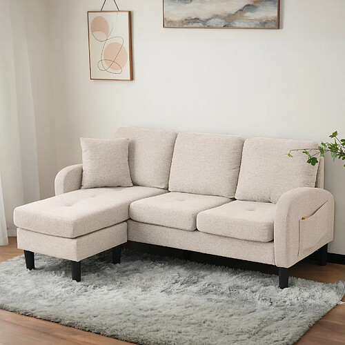 OKWISH Canapé d'angle, canapé 3 places, tissu en coton et lin, pieds en plastique, pour salon, appartement et bureau, beige