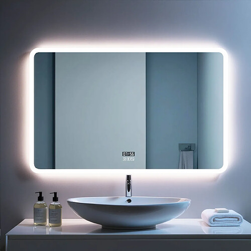 Miroir LED Salle de bain 80x60cm avec horloge digitale et hauts parleurs Bluetooth SANILAND