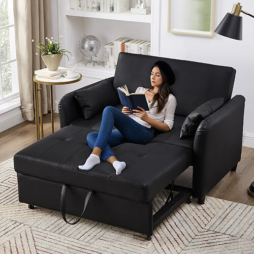 OKWISH Canapé convertible, canapé 2 places avec dossier réglable en 3 positions, poches d'accoudoirs, pieds en plastique, en PU hydrofuge, noir