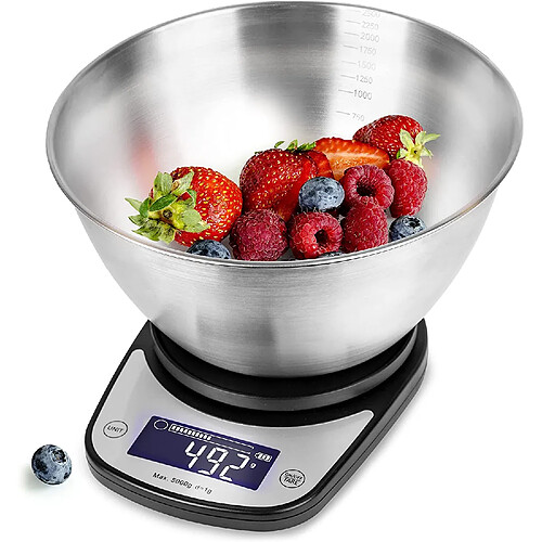 Duronic KS5000 BKSS Balance de Cuisine d'une capacité de 5 kg | Précision à 1 g | Bol en inox de 2.5 L inclus | Large écran LCD | Fonction d'ajout de poids TARE | Idéale pour la pâtisserie